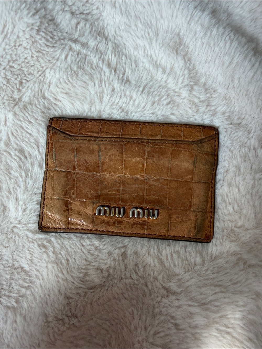 Miu Miu Tan Croc-Embossed Leather Card Case with Metal Logo